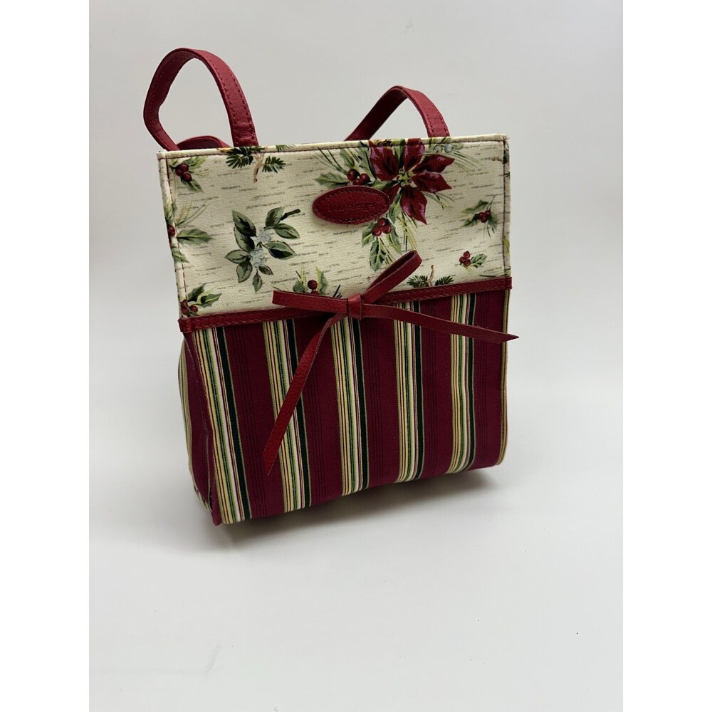 Longaberger Holiday Poinsettia Botanical Red Stripe Tote Gift Lunch Bag Purse AB